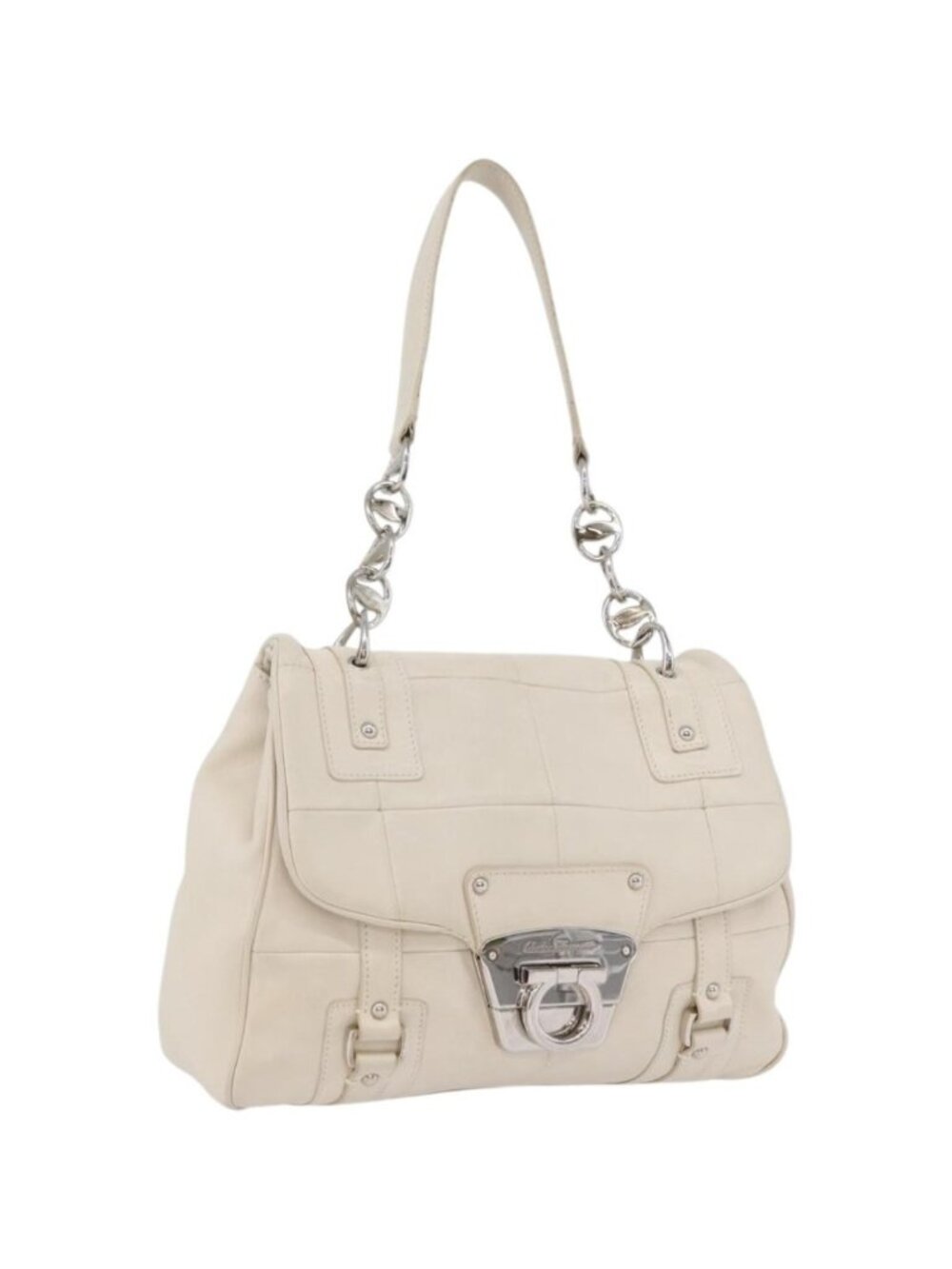 Salvatore Ferragamo One Belt Hand Bag Leather White Silver